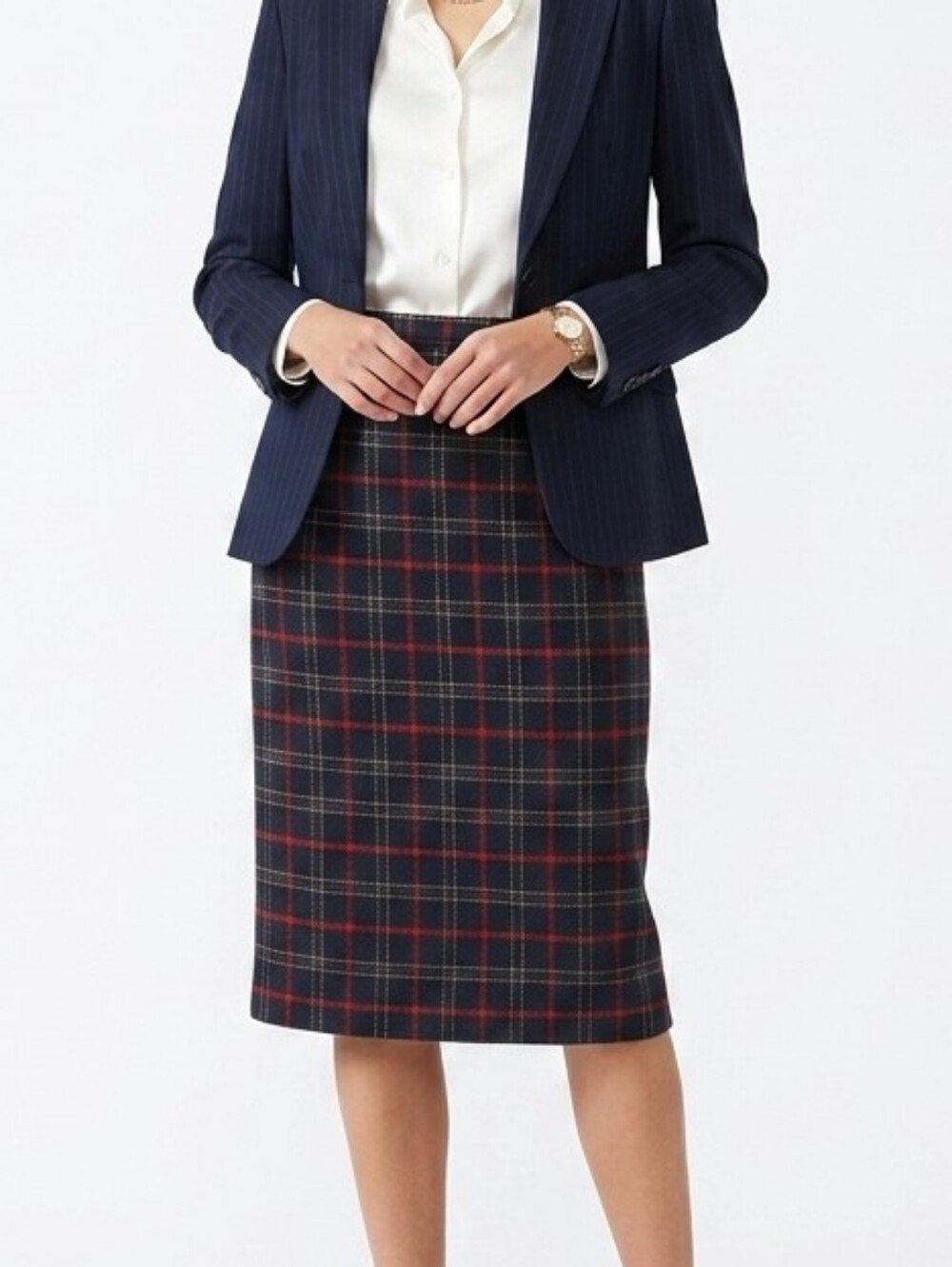 VTG Harvé Benard Pure Wool Plaid Pencil Skirt Navy Red Sz 6 Academic Coquette